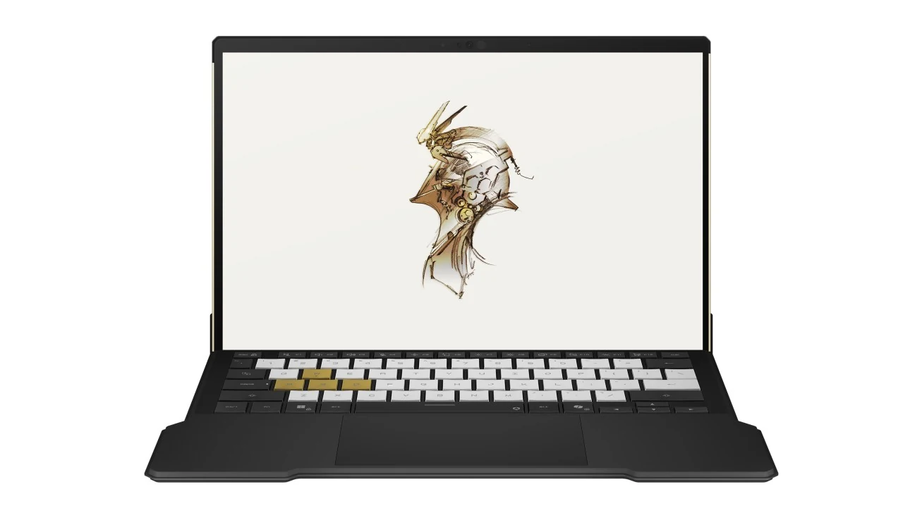 The ASUS ROG Flow Z13 Gaming 2-in-1 Laptop is shown in a three-quarter angle with a black keyboard and a screen displaying an artistic image.
