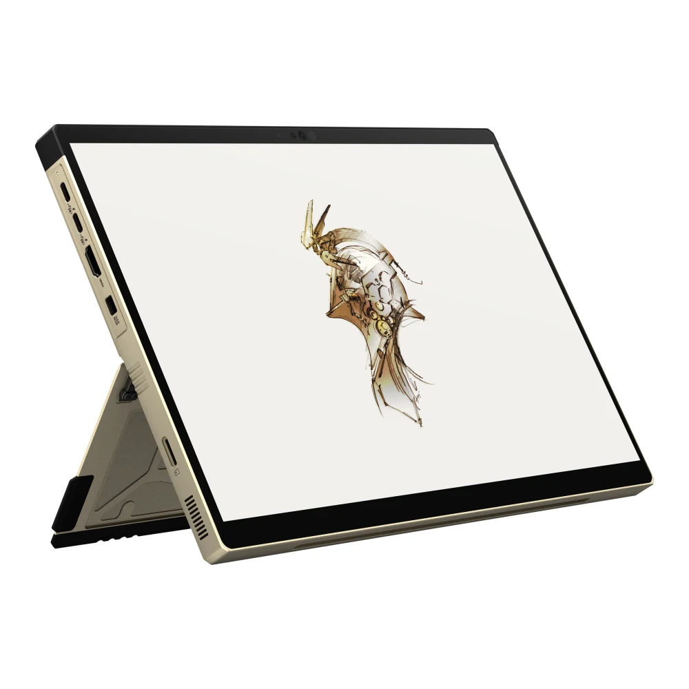 A gold-colored ASUS ROG Flow Z13 Gaming 2-in-1 Laptop in a side profile, showcasing its ports and back panel.