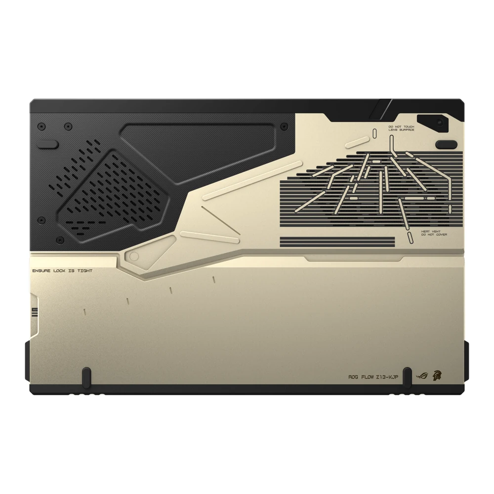 The back panel of the ASUS ROG Flow Z13-KJP gaming laptop, featuring a metallic finish and various ports.