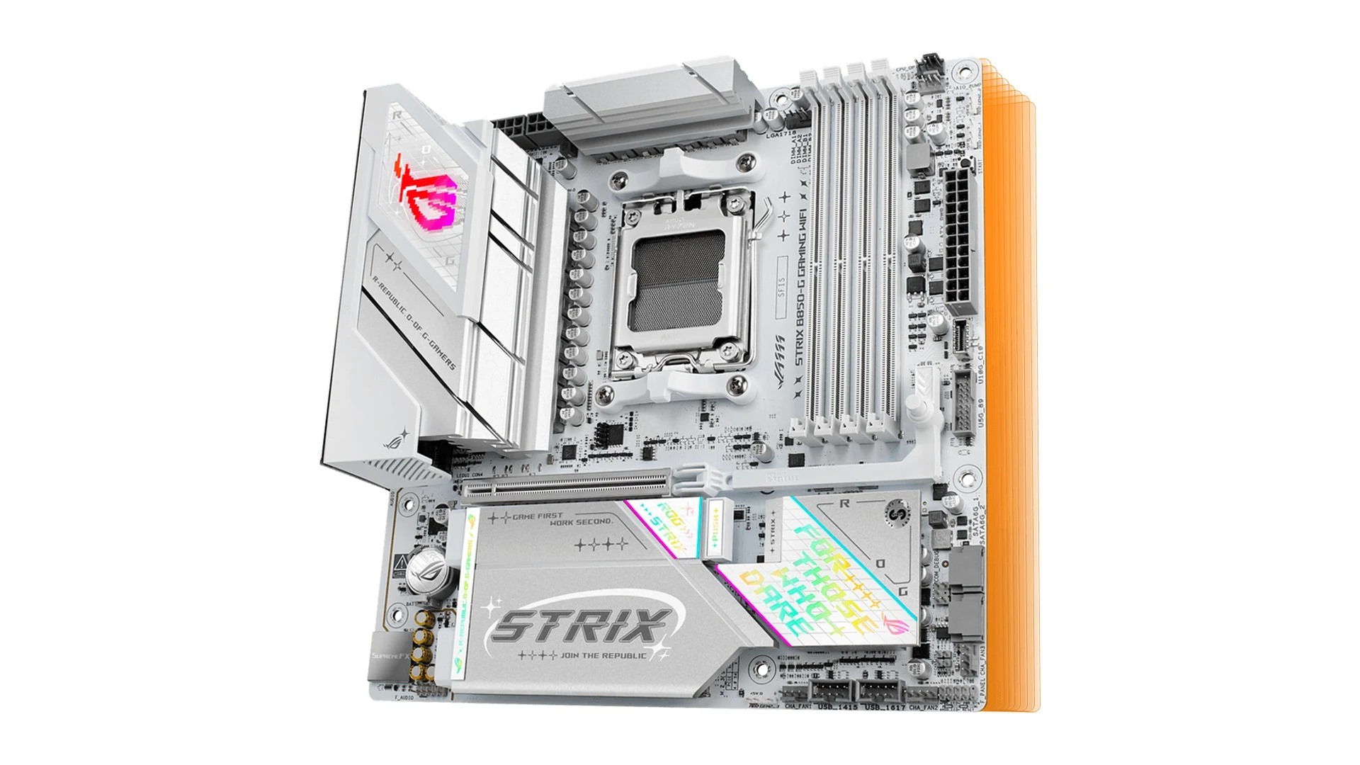 A white ASUS ROG Strix motherboard with a top-down view, showcasing its components and branding.