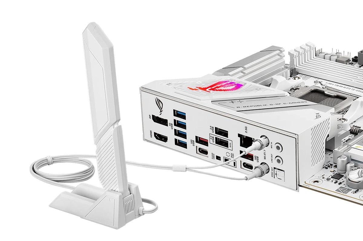 The image shows a white ASUS ROG Strix B850-G Gaming WiFi motherboard with various ports and connectors visible, including USB, HDMI, and Ethernet ports. The camera angle is side profile.