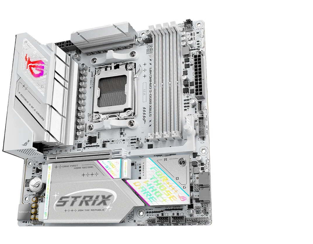 The motherboard is shown from a top-down perspective, highlighting its components and design.