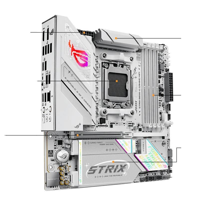 The ASUS ROG Strix B850-G Gaming WiFi motherboard is shown from a three-quarter angle, highlighting its white and silver color scheme with RGB lighting accents.
