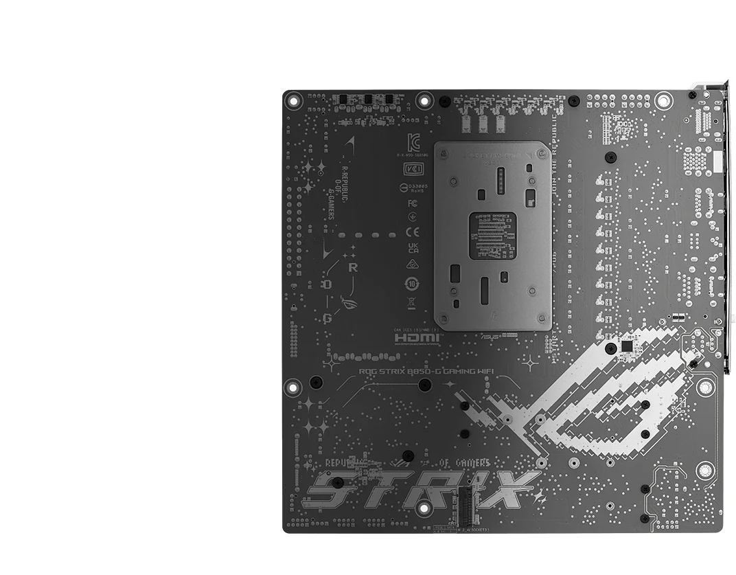 The ASUS ROG Strix B850-G Gaming WiFi motherboard is shown from a top-down perspective, highlighting its black and silver color scheme with visible circuitry and branding.