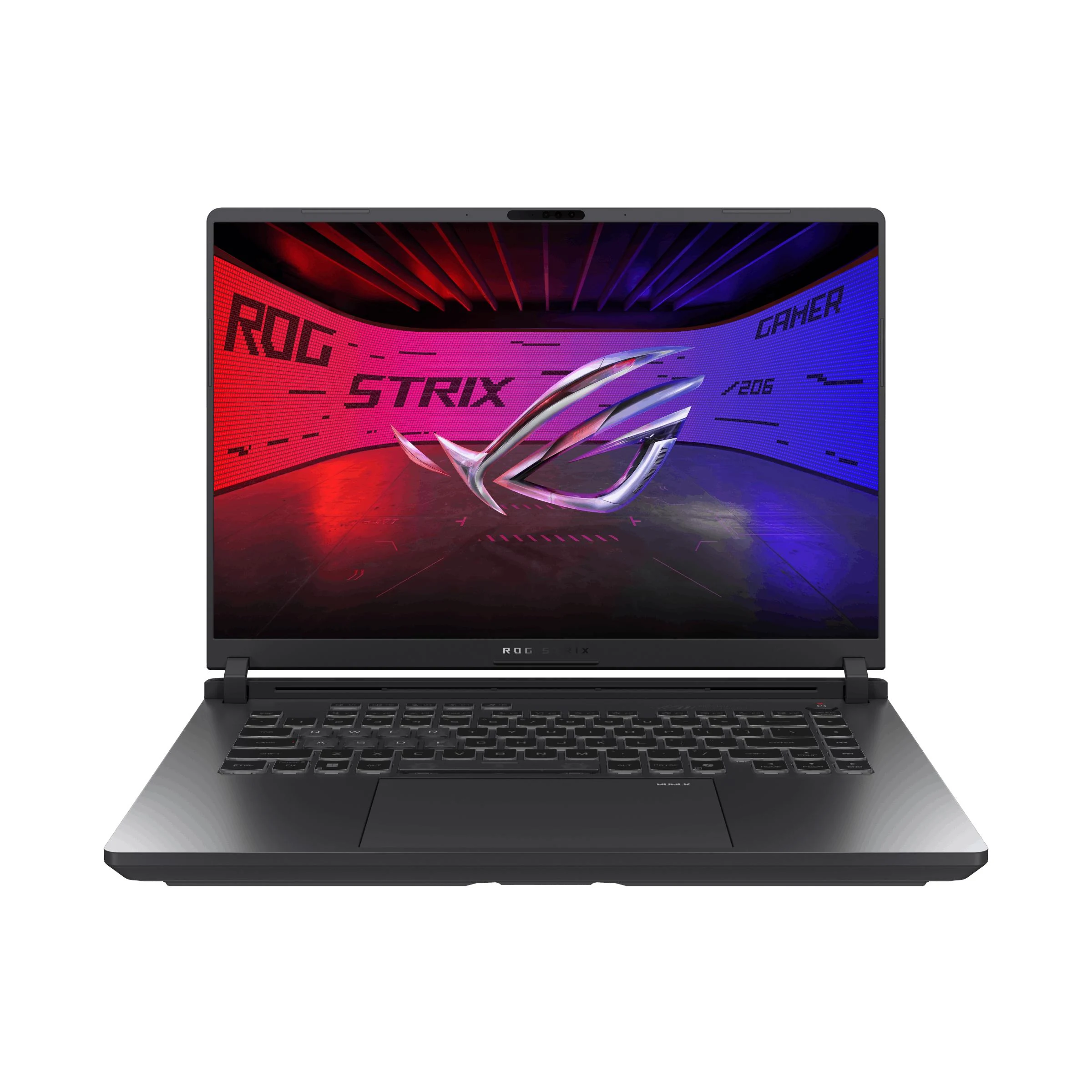A silver Asus ROG Strix G16 gaming laptop in a three-quarter view, showcasing its keyboard and screen.