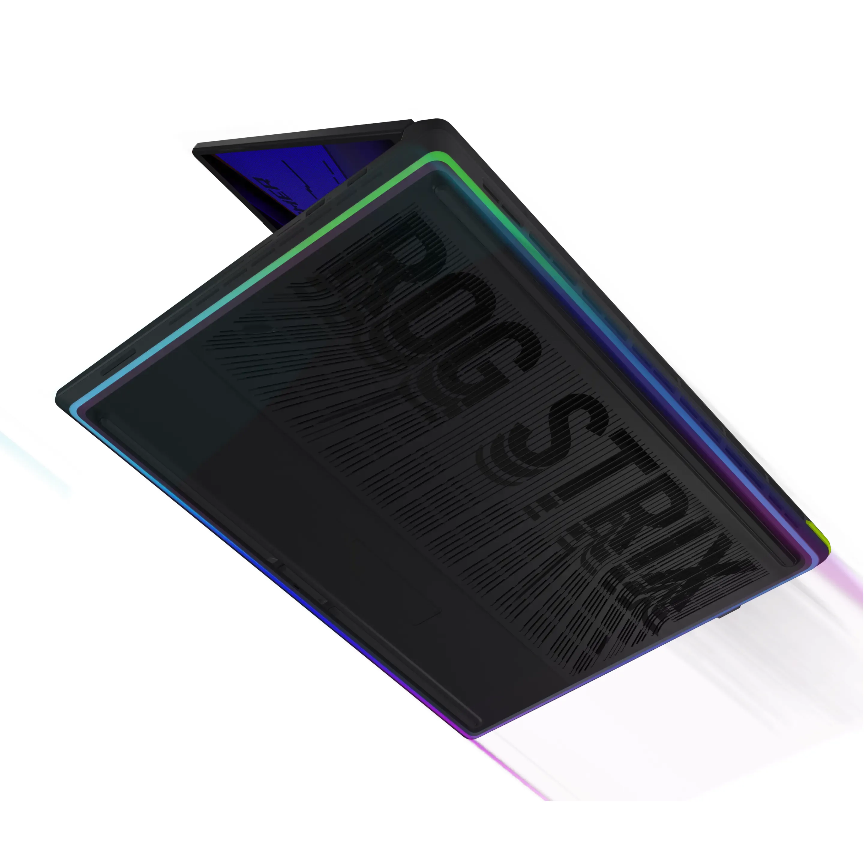 A gaming laptop with a black finish and RGB lighting, viewed from the side.