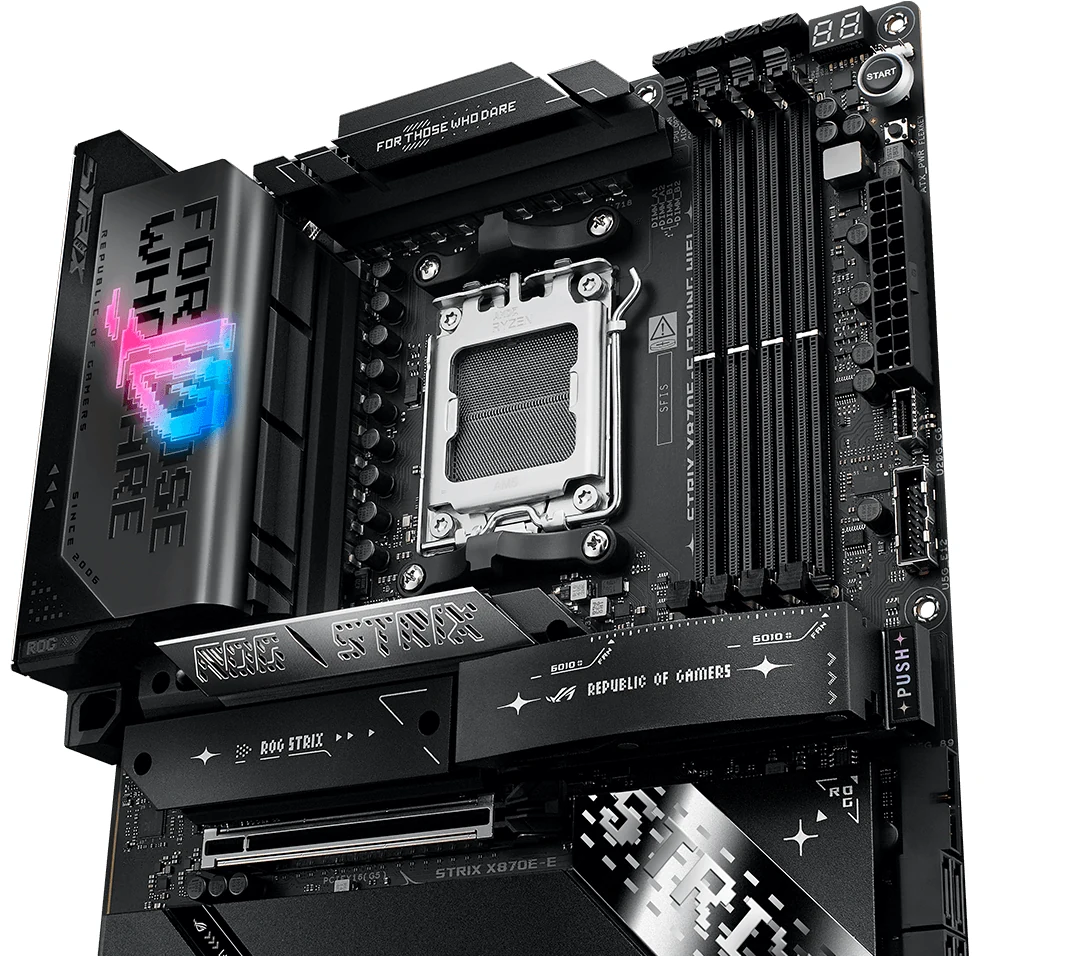 A close-up of an ASUS ROG Strix X870E-E Gaming motherboard, showcasing its front and side panels with visible ports and branding.