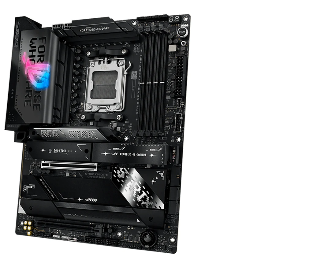 A black motherboard with various ports, slots, and components visible from a top-down angle.
