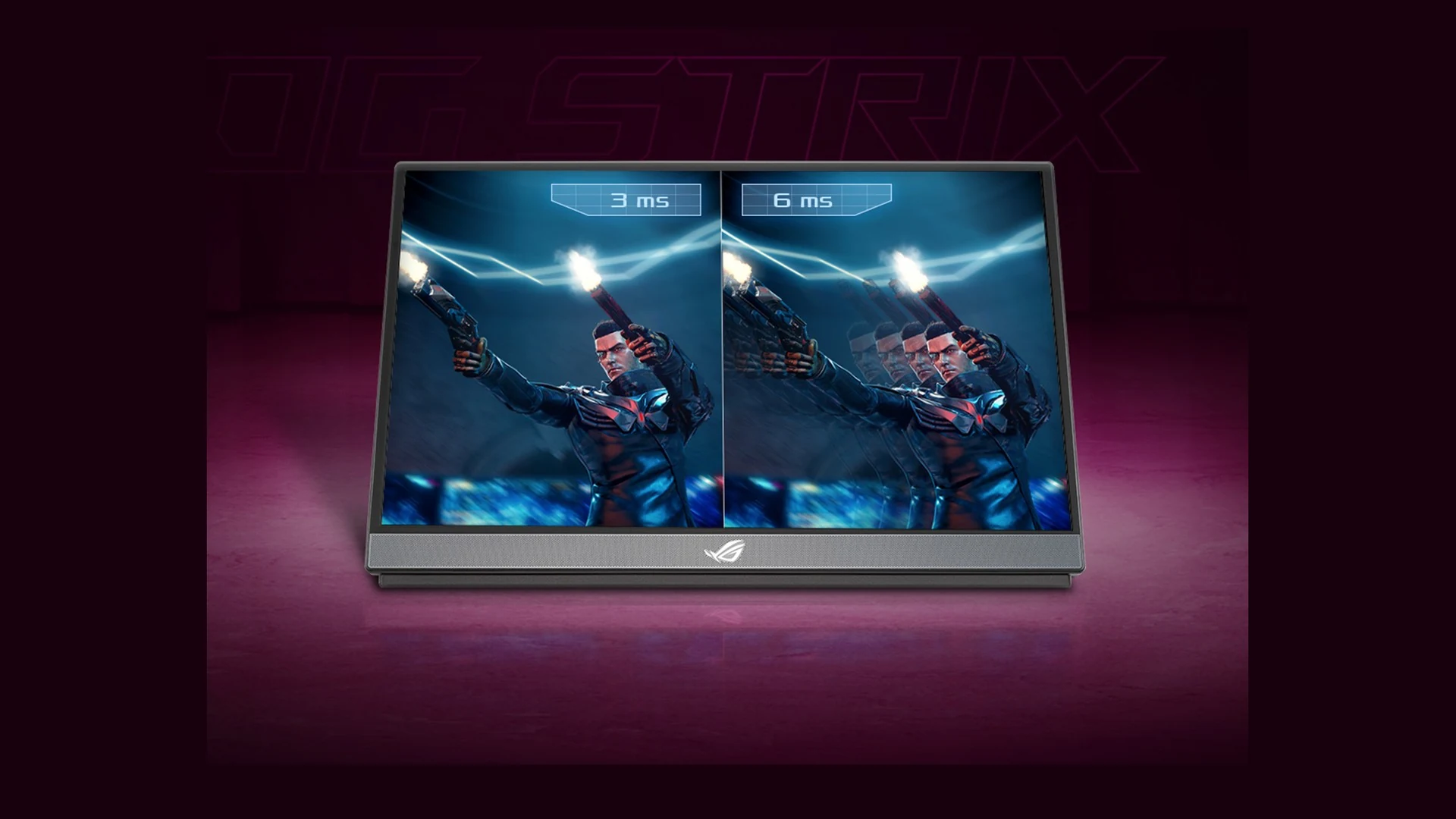 The ASUS ROG Strix XG17AHPE Portable Gaming Monitor is shown in a front-facing view with a colorful, gradient background.