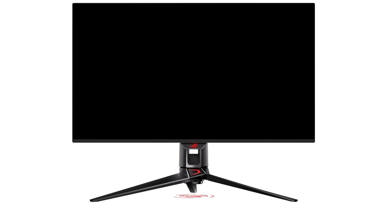 The ASUS ROG Swift OLED PG32UCDM Gen3 monitor is shown in a side profile view, featuring a black frame and stand with red accents.