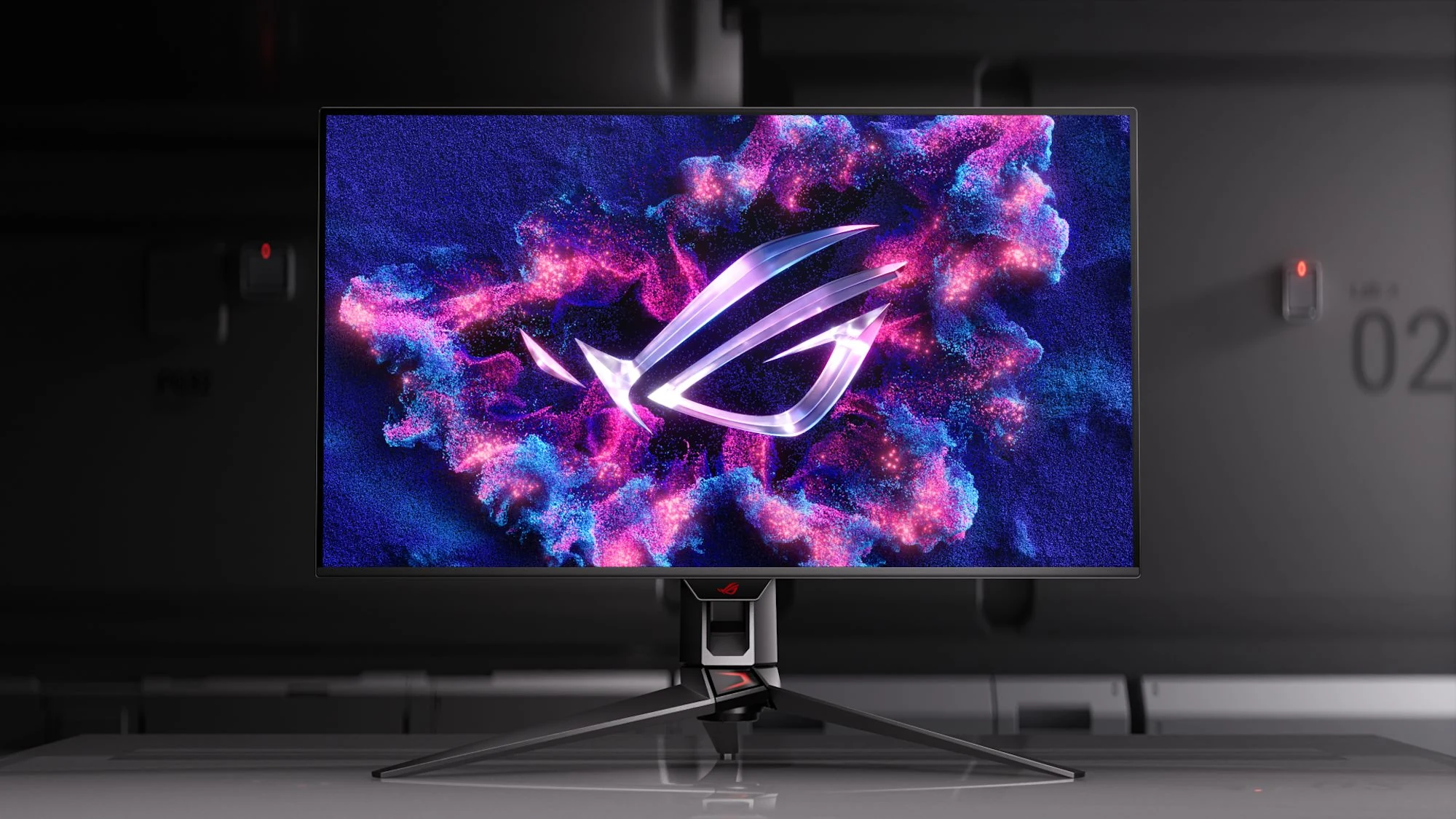 The ASUS ROG Swift OLED PG32UCDM Gen3 monitor is shown in a side profile, featuring its distinctive black finish and angular stand design.