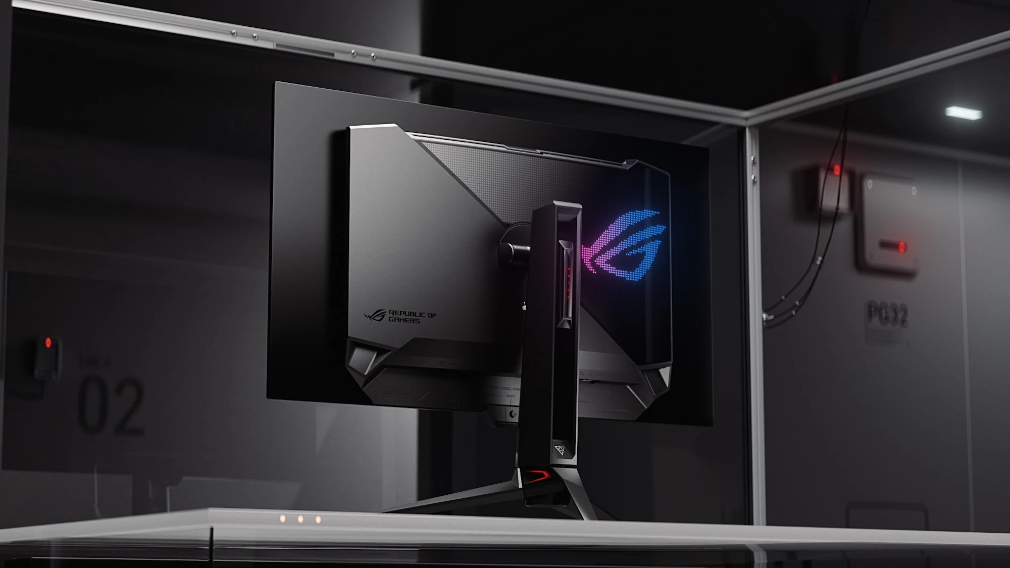 The ASUS ROG Swift OLED PG32UCDM Gen3 is shown in a side profile, with its distinctive angular design and illuminated ROG logo prominently displayed on the back.