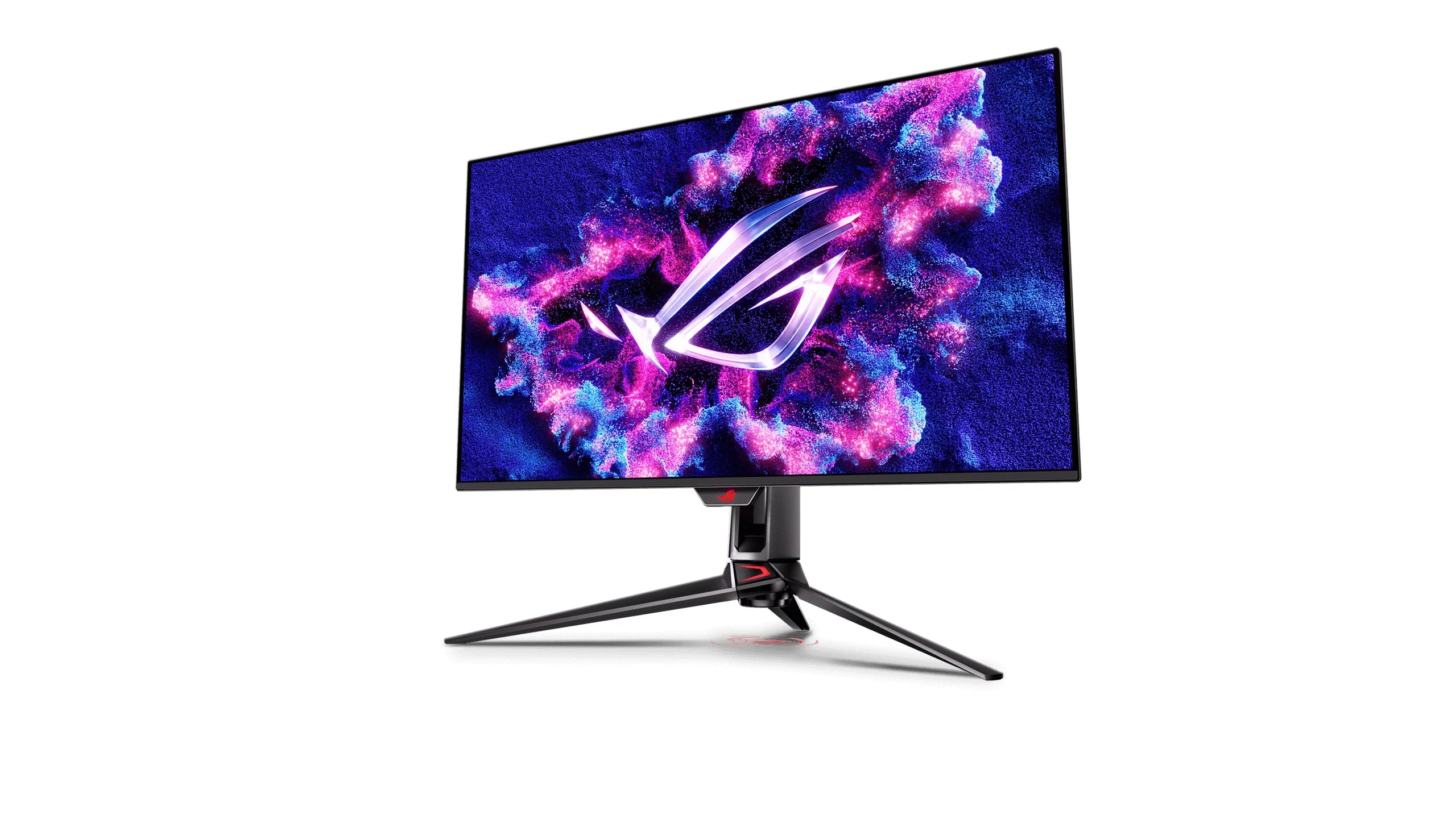A side profile of a black monitor with a sleek stand, displaying the ROG logo on its screen.
