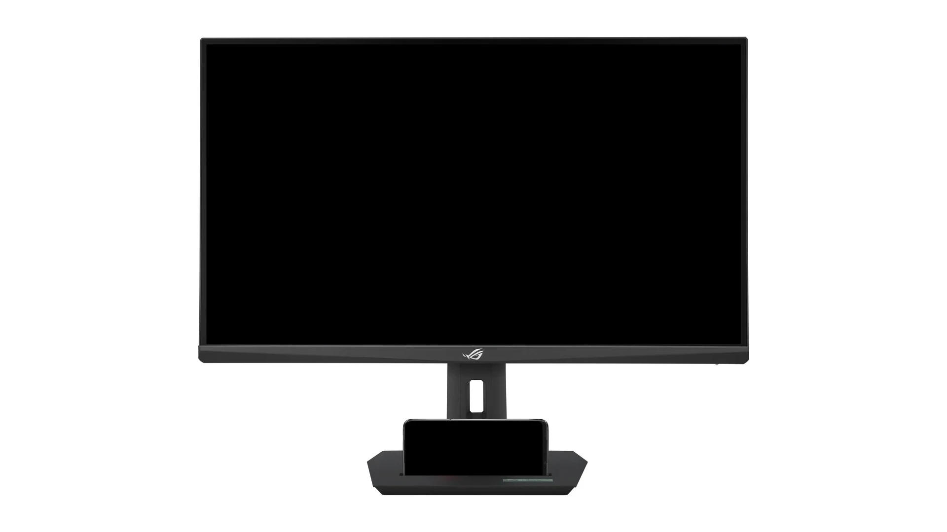 A black gaming monitor with a sleek stand, viewed from the front.