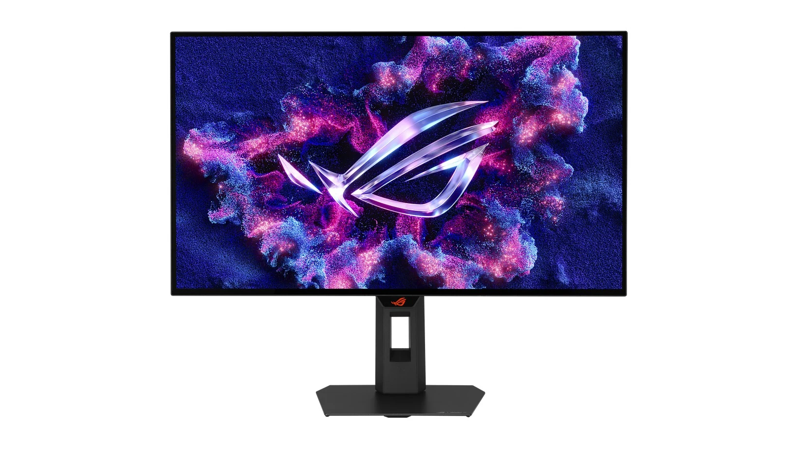A black gaming monitor with a sleek stand, displaying the ROG logo on its screen.