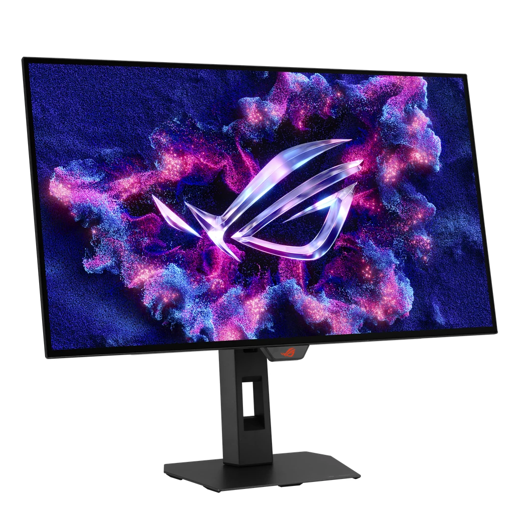 A gaming monitor with a black finish, photographed from a three-quarter angle showing the screen and part of the stand.