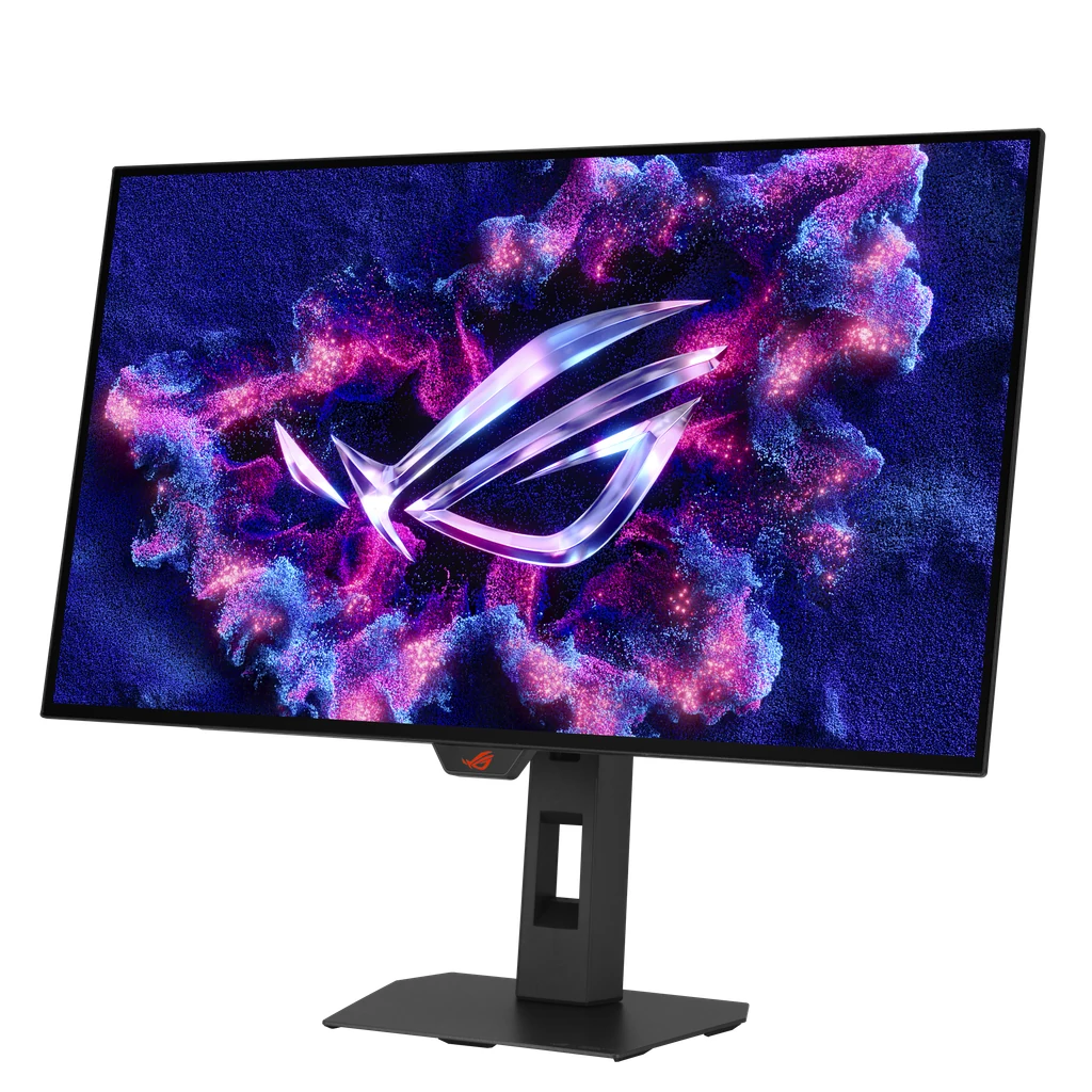 The ASUS ROG XG27AQDMGR monitor is shown in a side profile with its screen displaying the ROG logo against a colorful, abstract background.