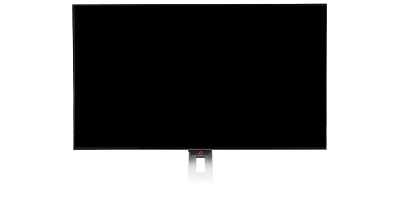 The ASUS ROG XG27AQDMGR monitor is photographed from behind, showing its stand and back panel.