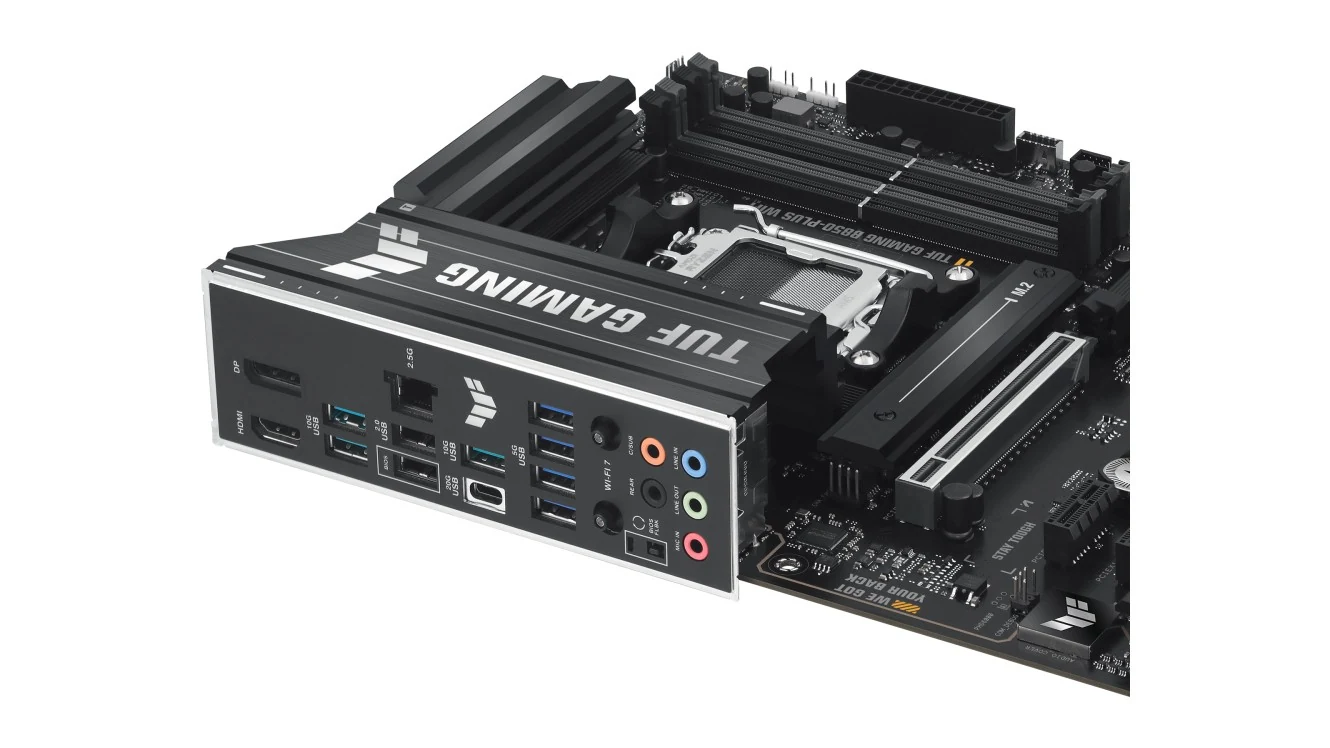 The image shows a side profile of the ASUS TUF Gaming B850-PLUS WiFi motherboard, highlighting its ports and connectors.