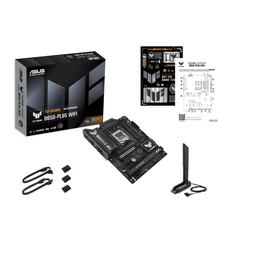 The ASUS TUF Gaming B850-PLUS WiFi motherboard is shown in a top-down view, accompanied by its box and accessories.