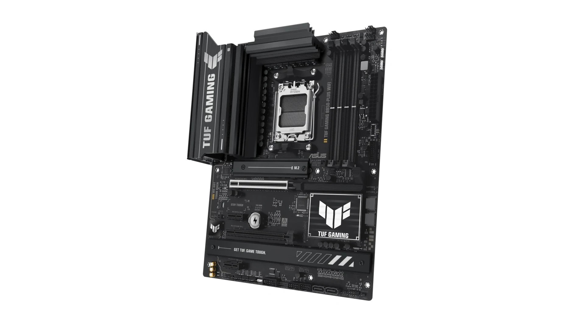 A top-down view of the ASUS TUF Gaming B850-PLUS WiFi motherboard, showcasing its various ports and components.