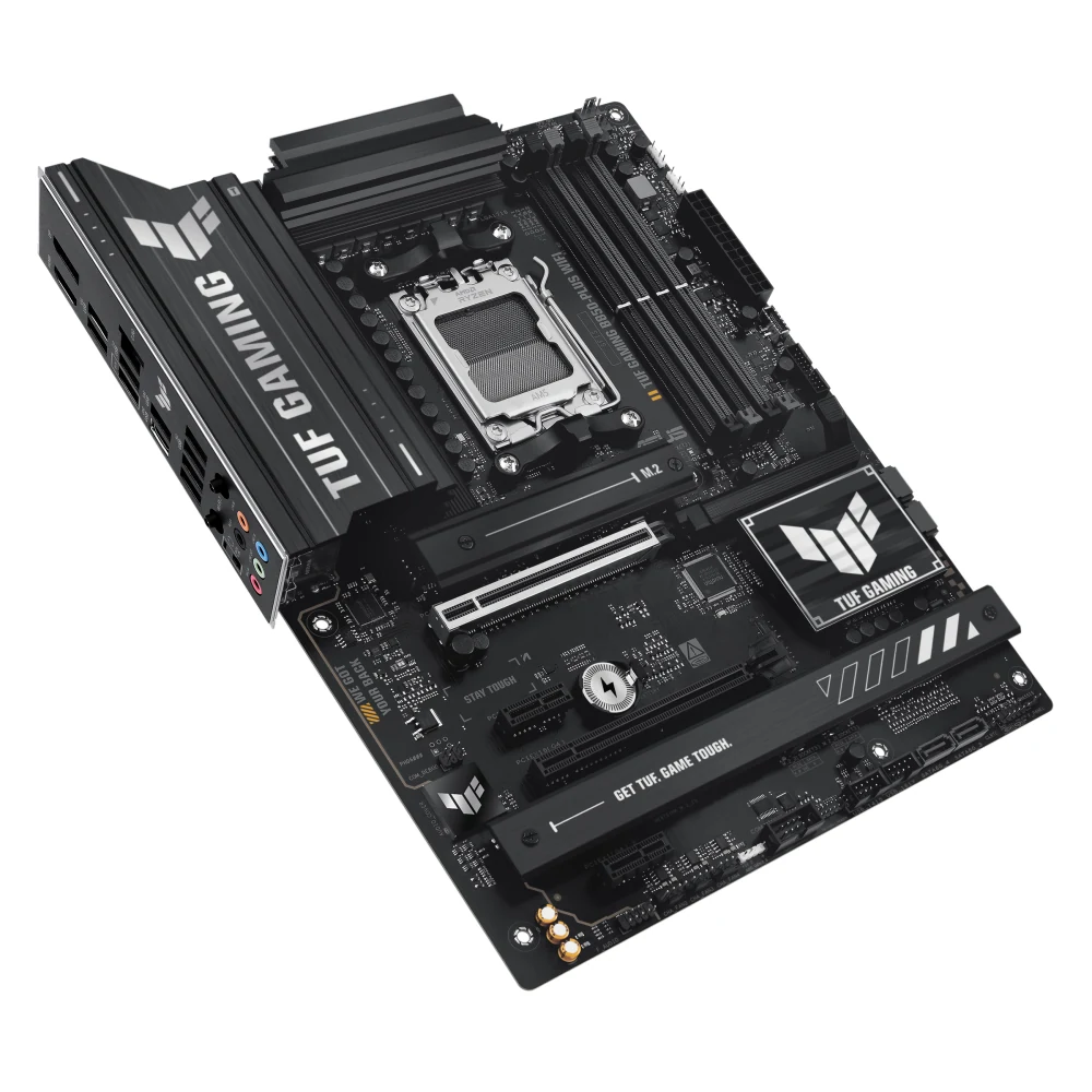 A black motherboard with 'TUF GAMING' branding on the side, viewed from a three-quarter angle.