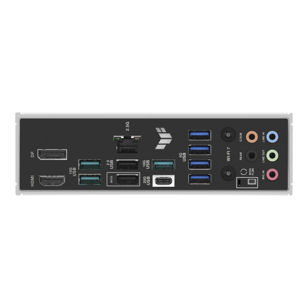 A top-down view of a motherboard showcasing various ports and connectors.
