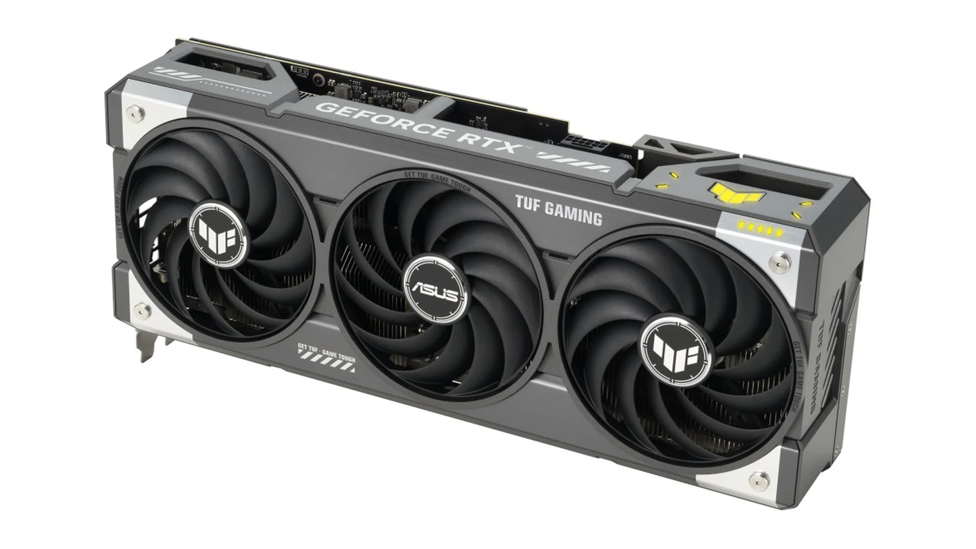 A side profile of the ASUS TUF Gaming GeForce RTX 5070 12GB GDDR7 OC Edition graphics card, showcasing its three fans and branding.
