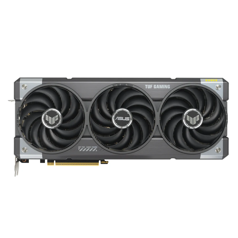 The ASUS TUF Gaming GeForce RTX 5070 12GB GDDR7 OC Edition is shown in a side profile with three large cooling fans and the 'TUF GAMING' logo prominently displayed on the top.