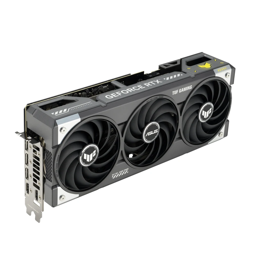A side profile of the ASUS TUF Gaming GeForce RTX 5070 12GB GDDR7 OC Edition graphics card, showcasing its cooling fans and branding.