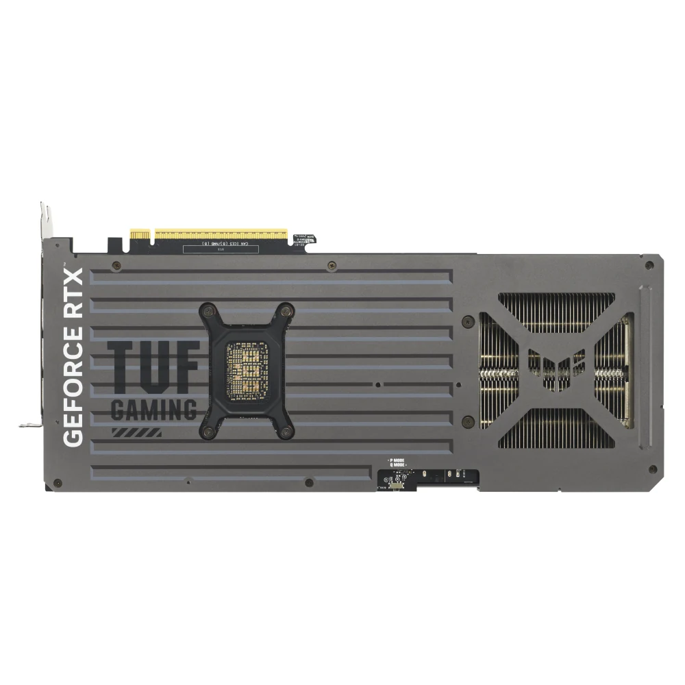 The image shows a rear view of the ASUS TUF Gaming GeForce RTX 5070 12GB GDDR7 OC Edition graphics card, focusing on its cooling fins and branding.