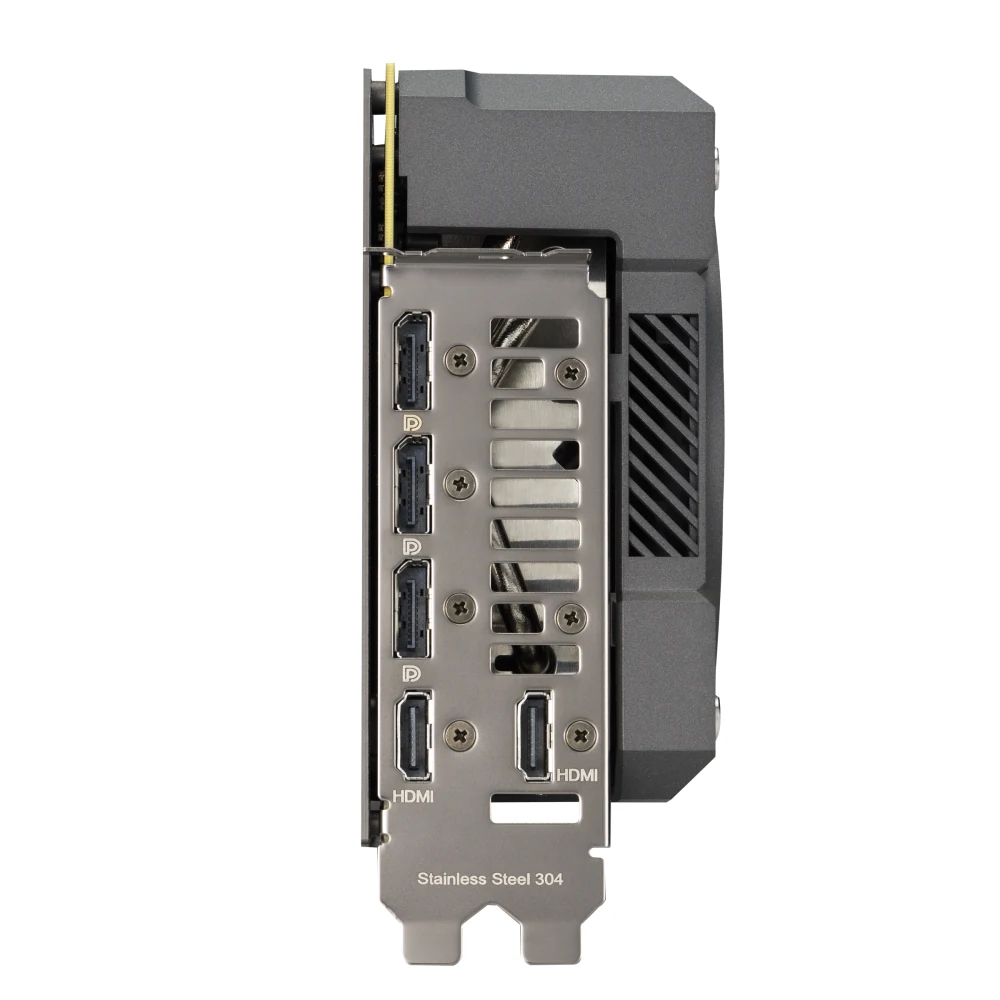 The image shows a rear view of an ASUS TUF Gaming GeForce RTX 5070 12GB GDDR7 OC Edition graphics card, focusing on the back panel with visible HDMI ports and stainless steel finish.