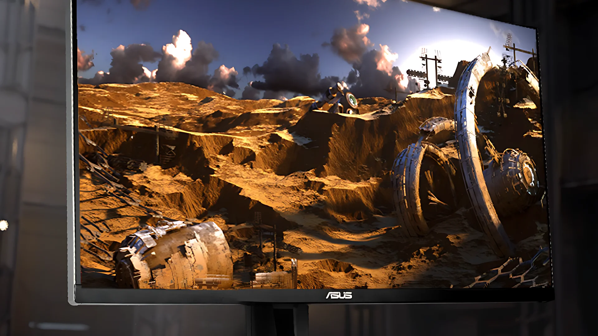 The ASUS TUF Gaming VG27AQ M5A G-SYNC monitor is shown in a side profile, displaying its sleek black frame and stand on a desk with a futuristic background.