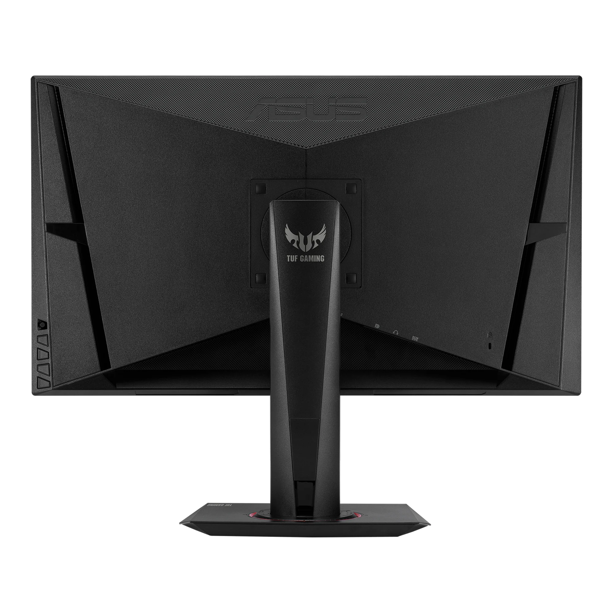 The ASUS TUF Gaming VG27AQ M5A G-SYNC monitor is photographed predominantly from behind, showcasing its back panel and stand.