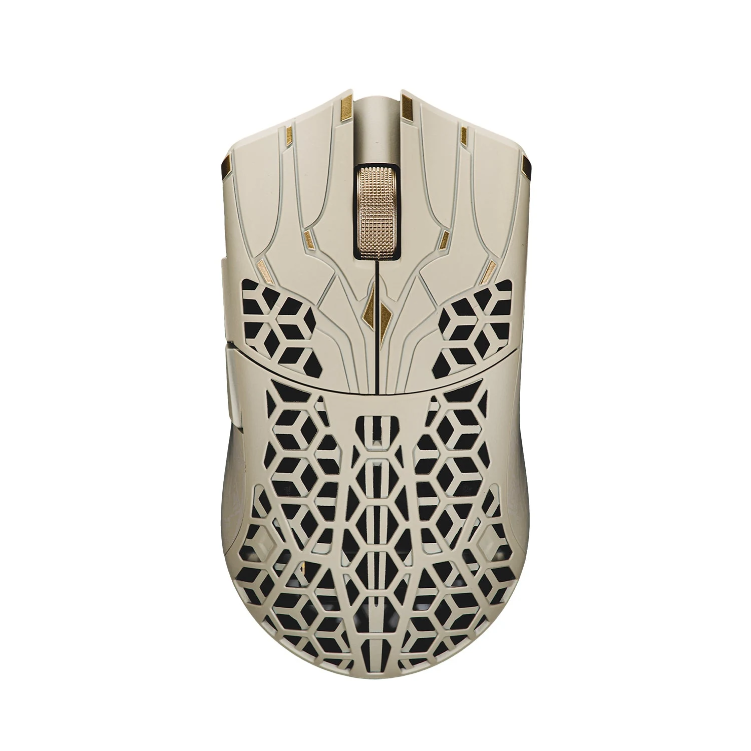 The image shows a top-down view of the ATK Phantom Hollow Carbon Fiber Composite Wireless Gaming Mouse in Sand, highlighting its textured surface and geometric patterns.