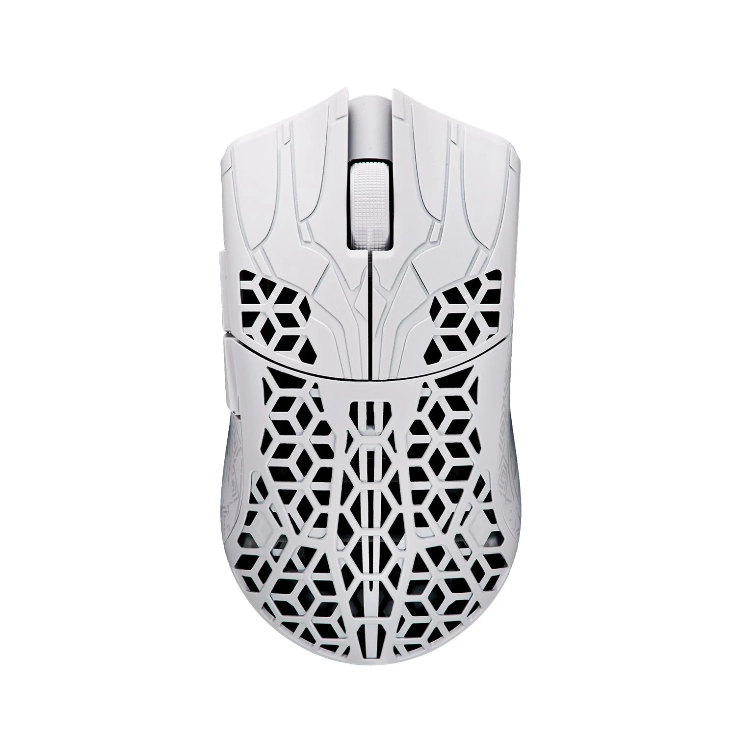 The image shows a white gaming mouse with a geometric pattern on the underside, photographed from above.