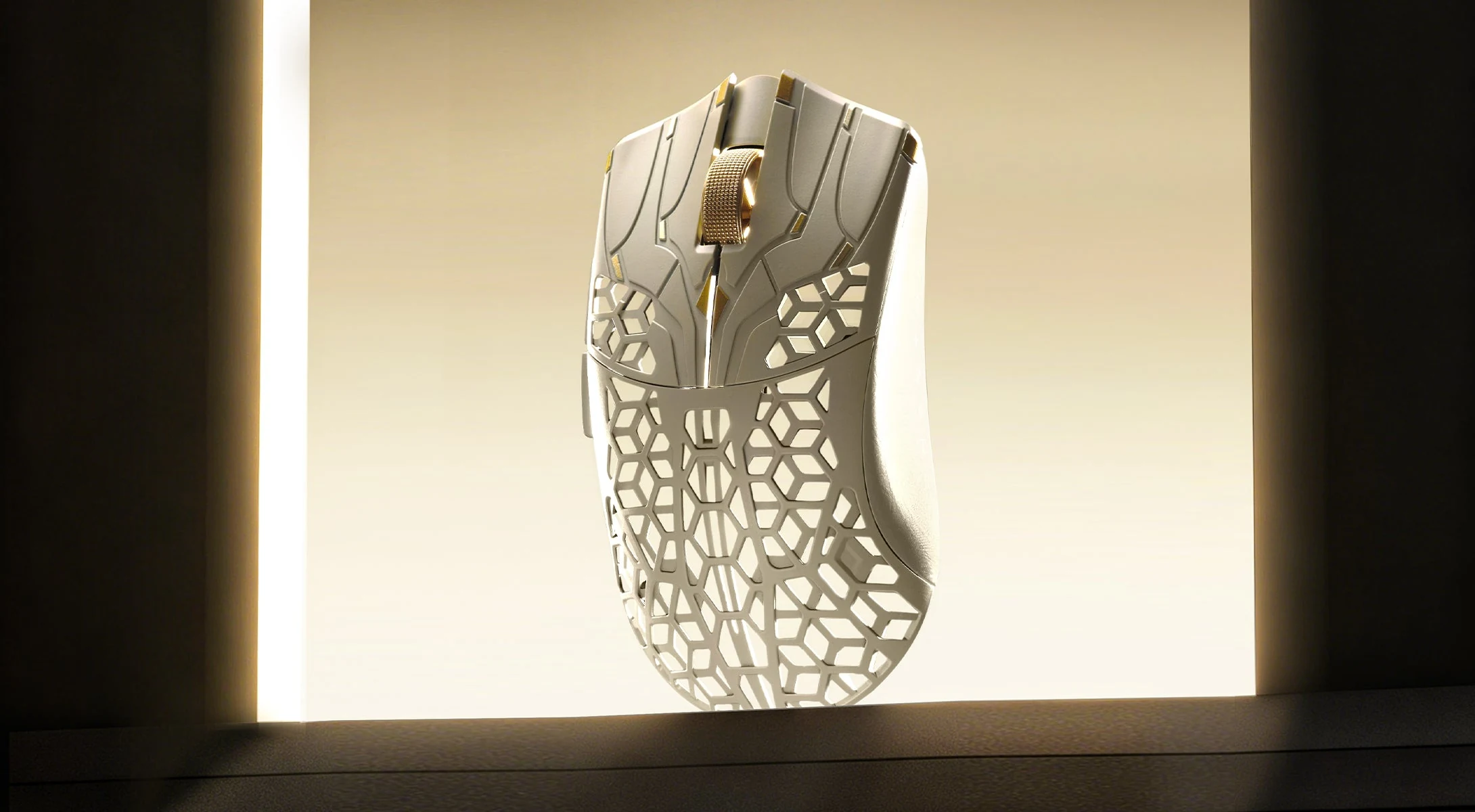 A white gaming mouse with a geometric pattern and gold accents is displayed in a side profile against a gradient background.