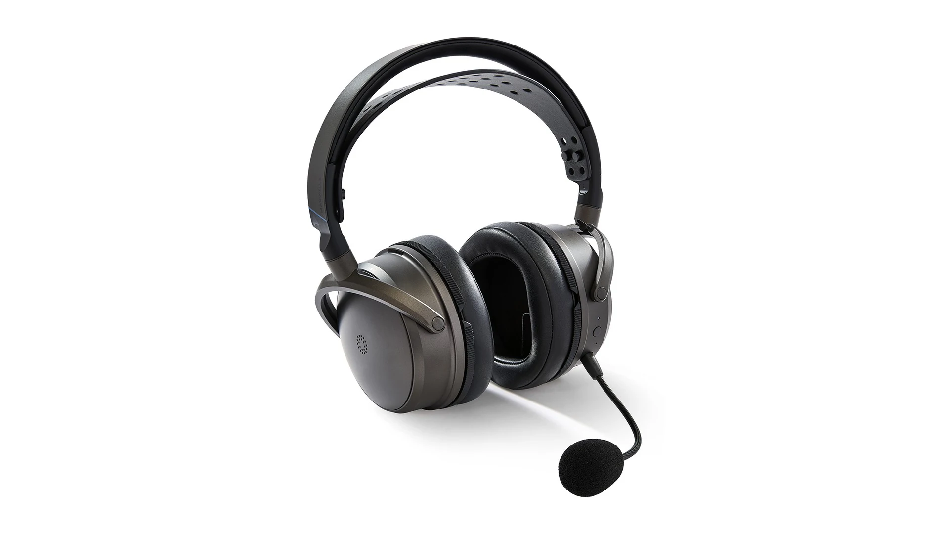 Audeze Maxwell 2 wireless gaming headset in gunmetal grey with the boom microphone attached, three-quarter front view