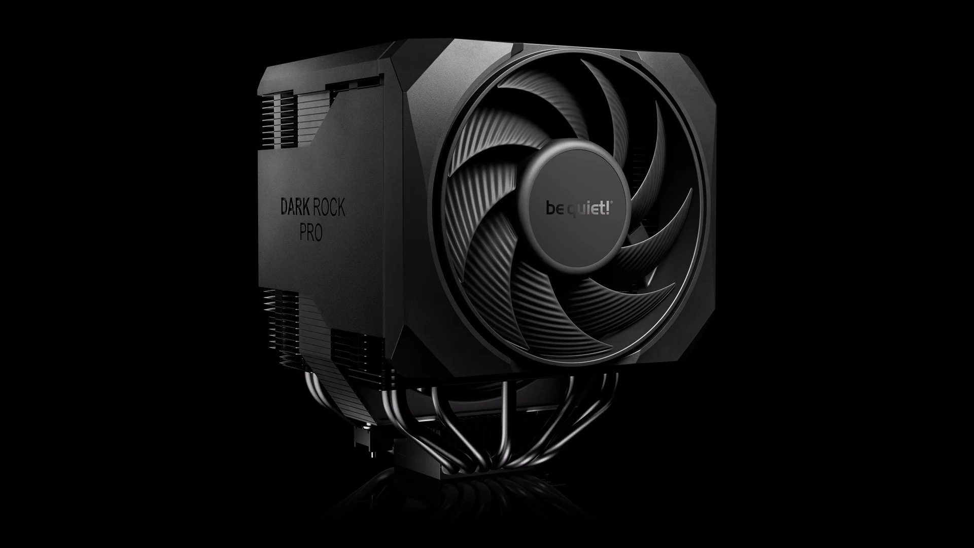 The product is a black CPU cooler with the text 'DARK ROCK PRO' on its side and 'be quiet!' logo on the fan. It's photographed from a three-quarter angle, highlighting its design and cooling fins.