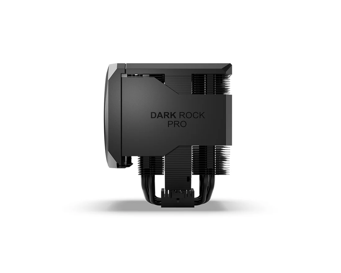 A rear view of a black cooling product with fins and the text 'DARK ROCK PRO' visible.