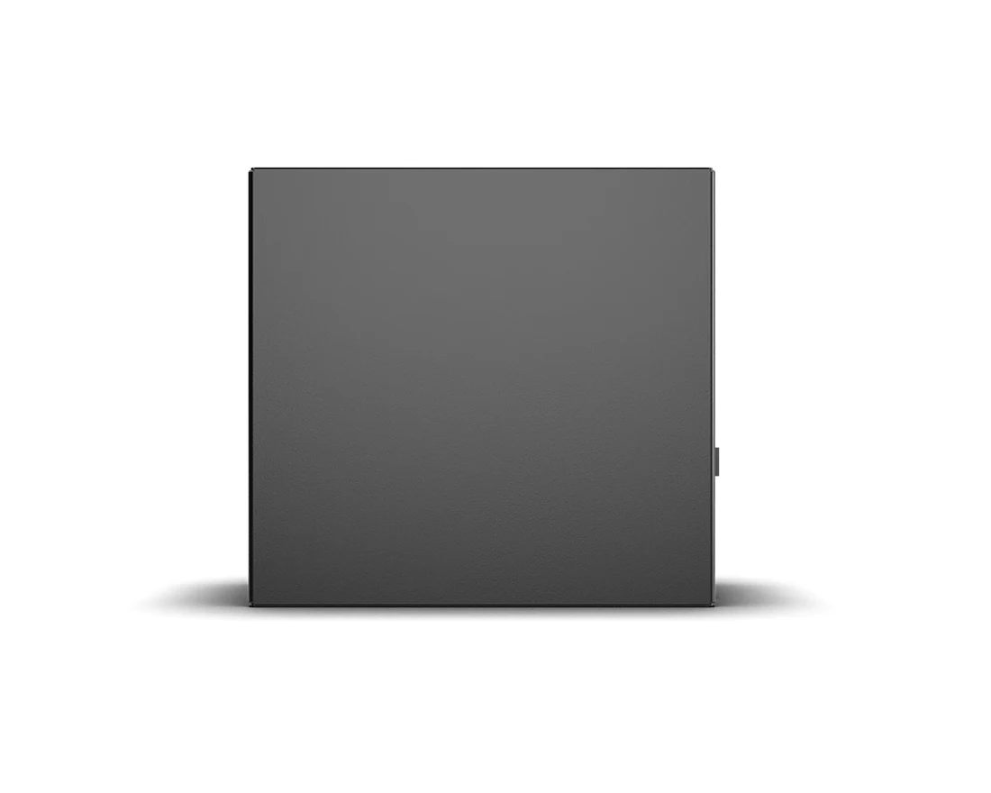 A dark gray, square-shaped power supply unit with a smooth surface and shadow cast on the white background.