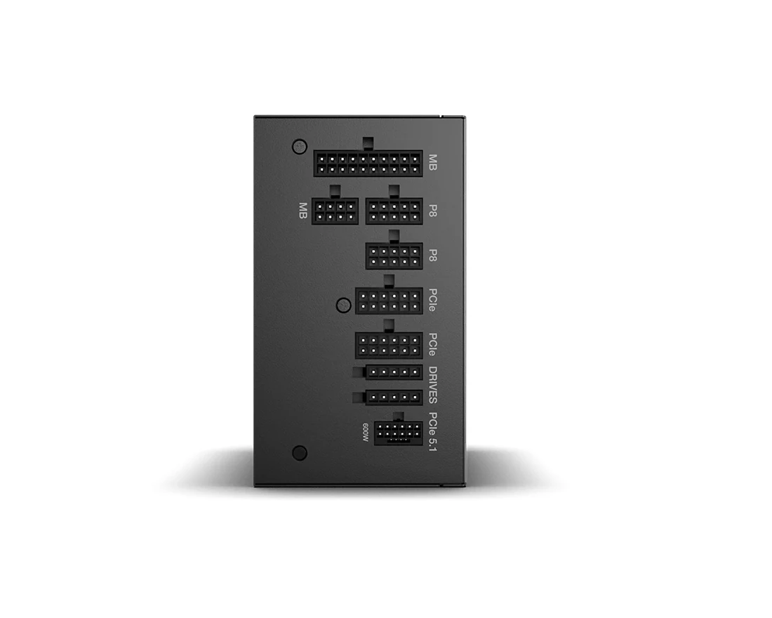 A black power supply unit photographed from behind, showing various ports and connectors.