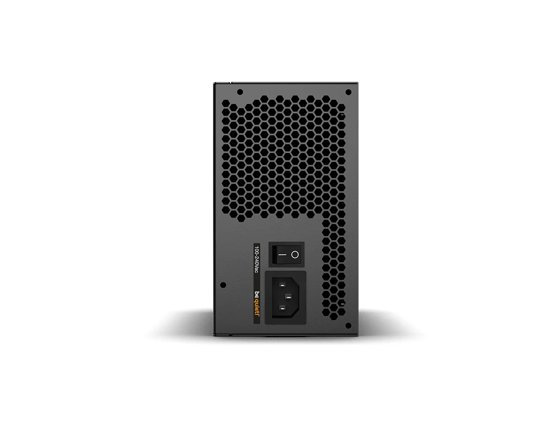A black power supply unit photographed from behind, showing the rear panel with ventilation holes and a power switch.