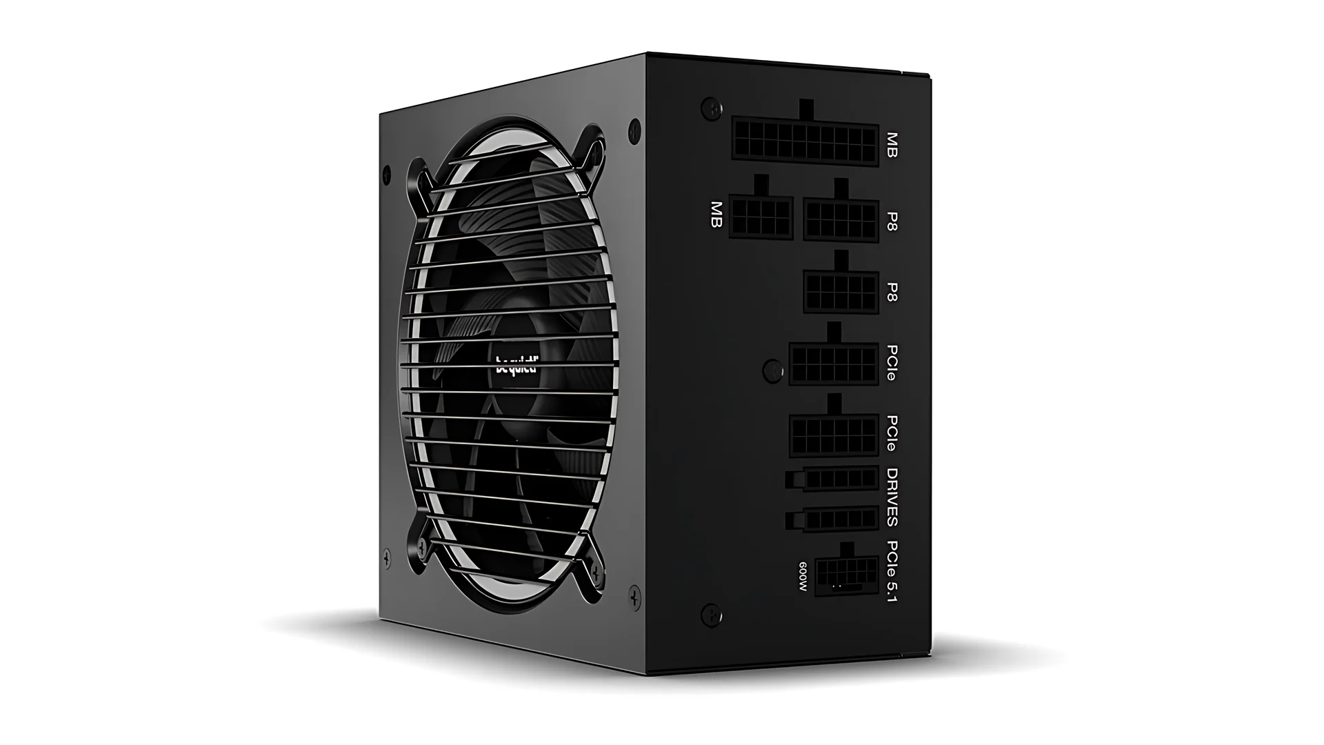 The product is a black power supply unit photographed from a three-quarter angle, showcasing its rear panel with multiple connectors and a fan.