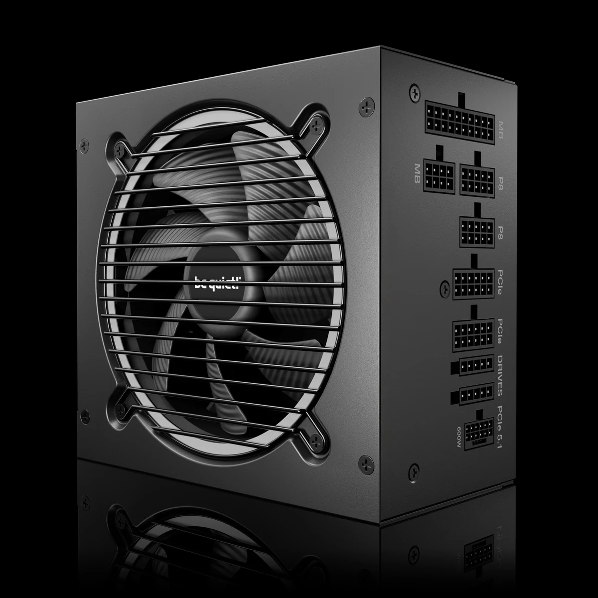 The product is a black power supply unit with a prominent fan on the front and various ports labeled on its side.