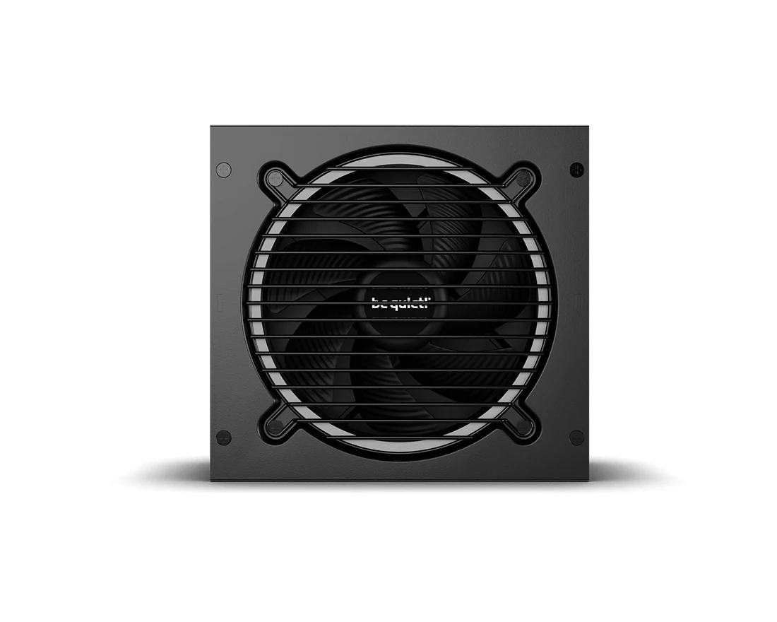 The product is a black power supply with a circular fan in the center, viewed from a three-quarter angle.