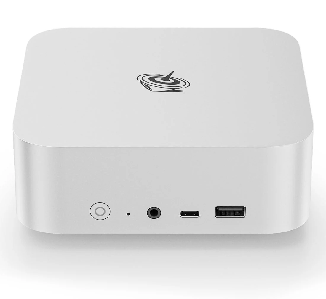 Beelink SER8 mini PC in Frost Silver, front view showing the power button, headphone jack, USB-C and USB-A ports