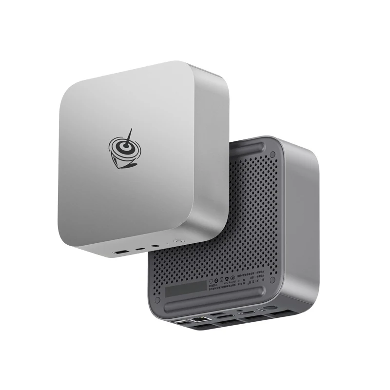 Two Beelink SER8 mini PCs in Frost Silver, one showing the top with the Beelink logo and one showing the vented underside and rear ports