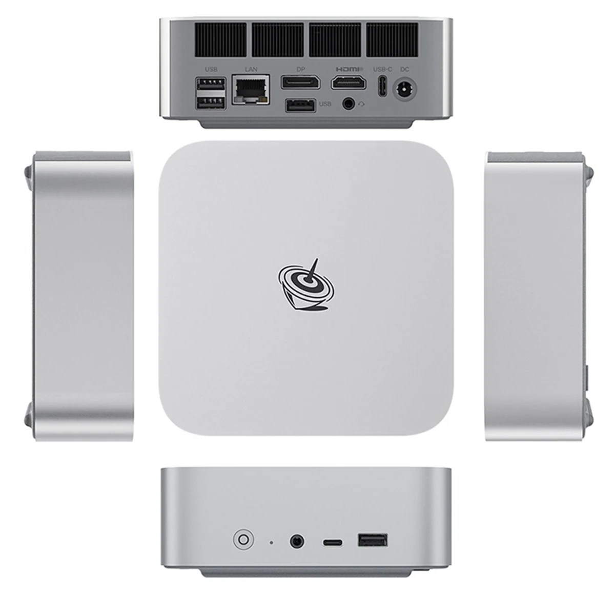 Beelink SER8 shown from every side, with the rear ports (USB4, HDMI, DisplayPort, 2.5G LAN) at the top and the front ports at the bottom
