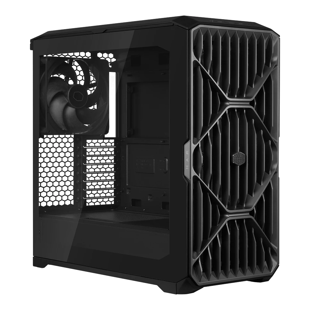 The Cooler Master HAF II 500 is shown in a side profile, highlighting its black finish and geometric vent design.